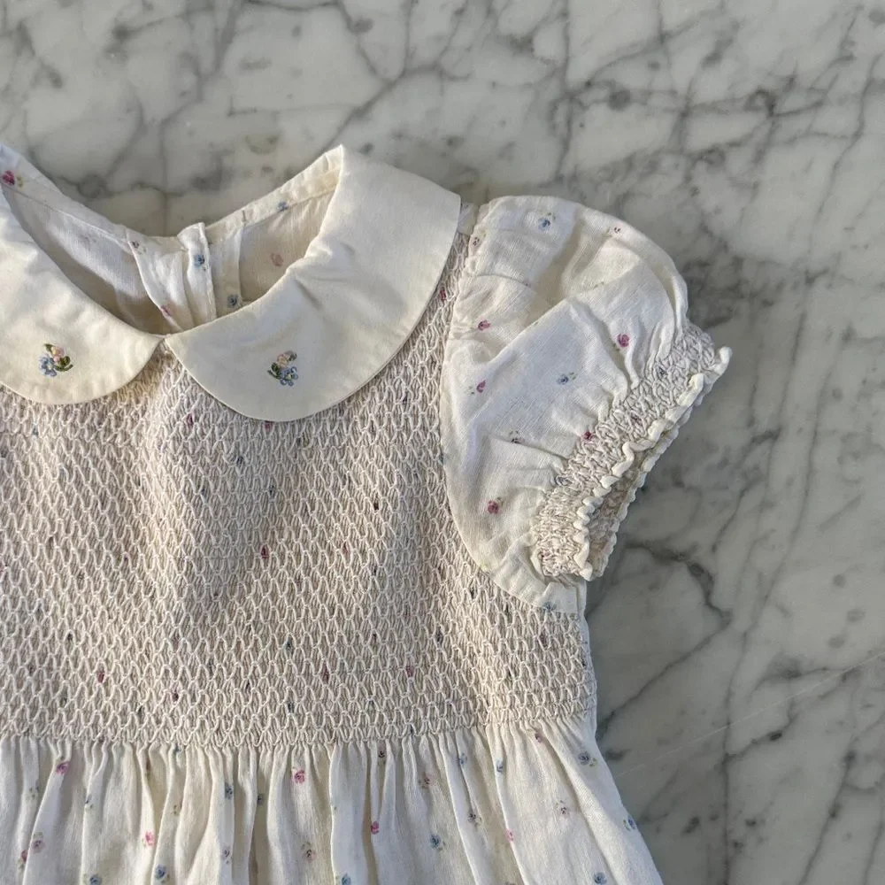 Gymboree Smocked Baby Dress Cottagecore Linen Floral Summer Sz 24 Months